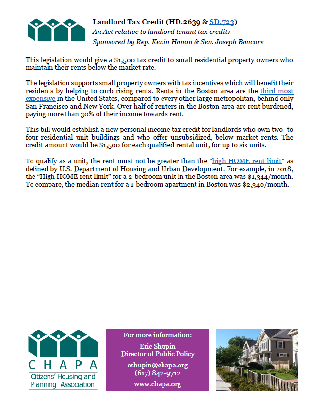 Landlord Tax Credit Legislation Fact Sheet (HD.2639 & SD.723)