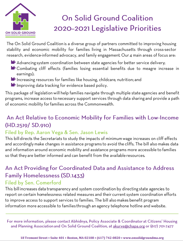 Fact Sheet on Legislation on Economic Mobility for Low Income Families & Coordinated Data and Assistance for Homeless Families (HD.2519/SD.910 & SD.1433)