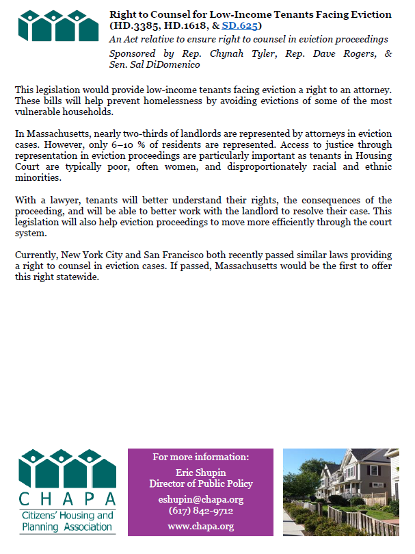 Right to Counsel for Low Income Tenants Legislation Fact Sheet (HD.3385, HD.1618, & SD.625)