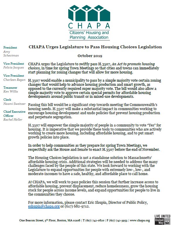 CHAPA Statement Urging Legislature to Pass Housing Choices Legislation 