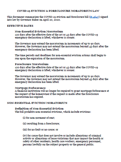 COVID-19 Eviction & Foreclosure Moratorium Law Summary