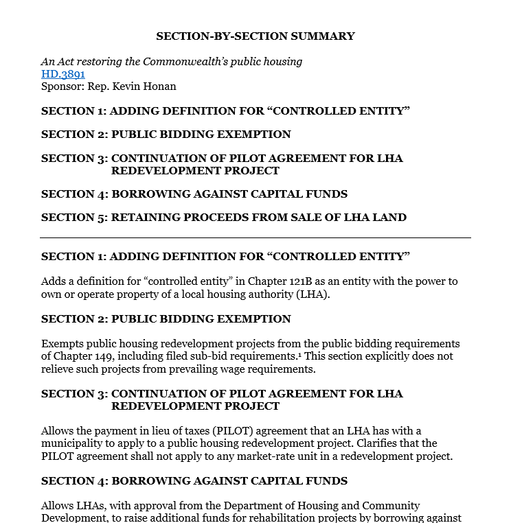 Summary Public Housing Redevelopment Bill HD.3891