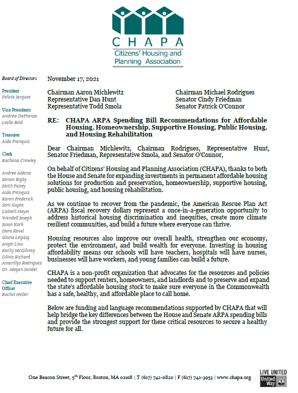 CHAPA ARPA Spending Bill Recommendations for Affordable Housing, Homeownership, Supportive Housing, Public Housing, and Housing Rehabilitation