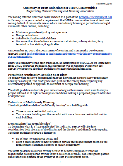 Summary of Draft Guidelines for MBTA Communities