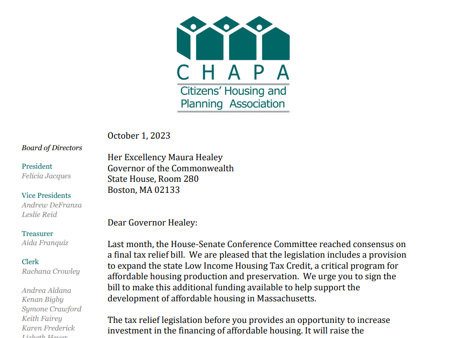 CHAPA Letter on LIHTC