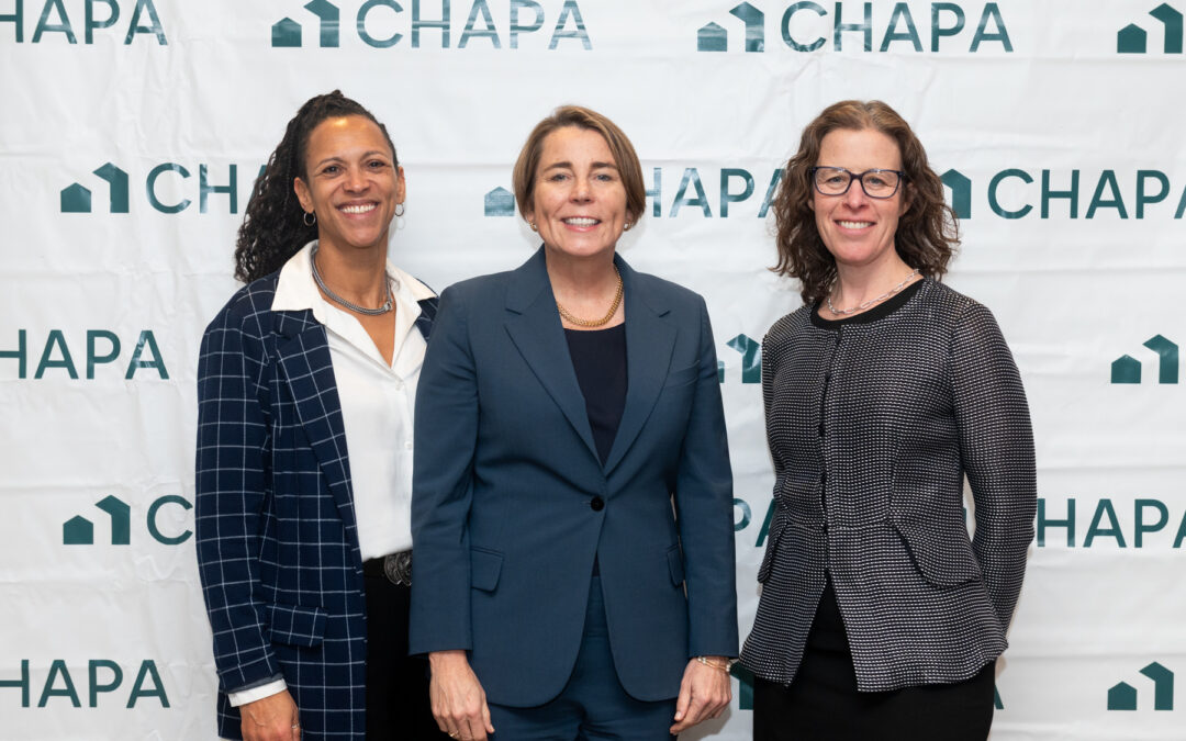 CHAPA President, Leslie Reid, Governor Maura Healey, and CHAPA CEO, Rachel Heller